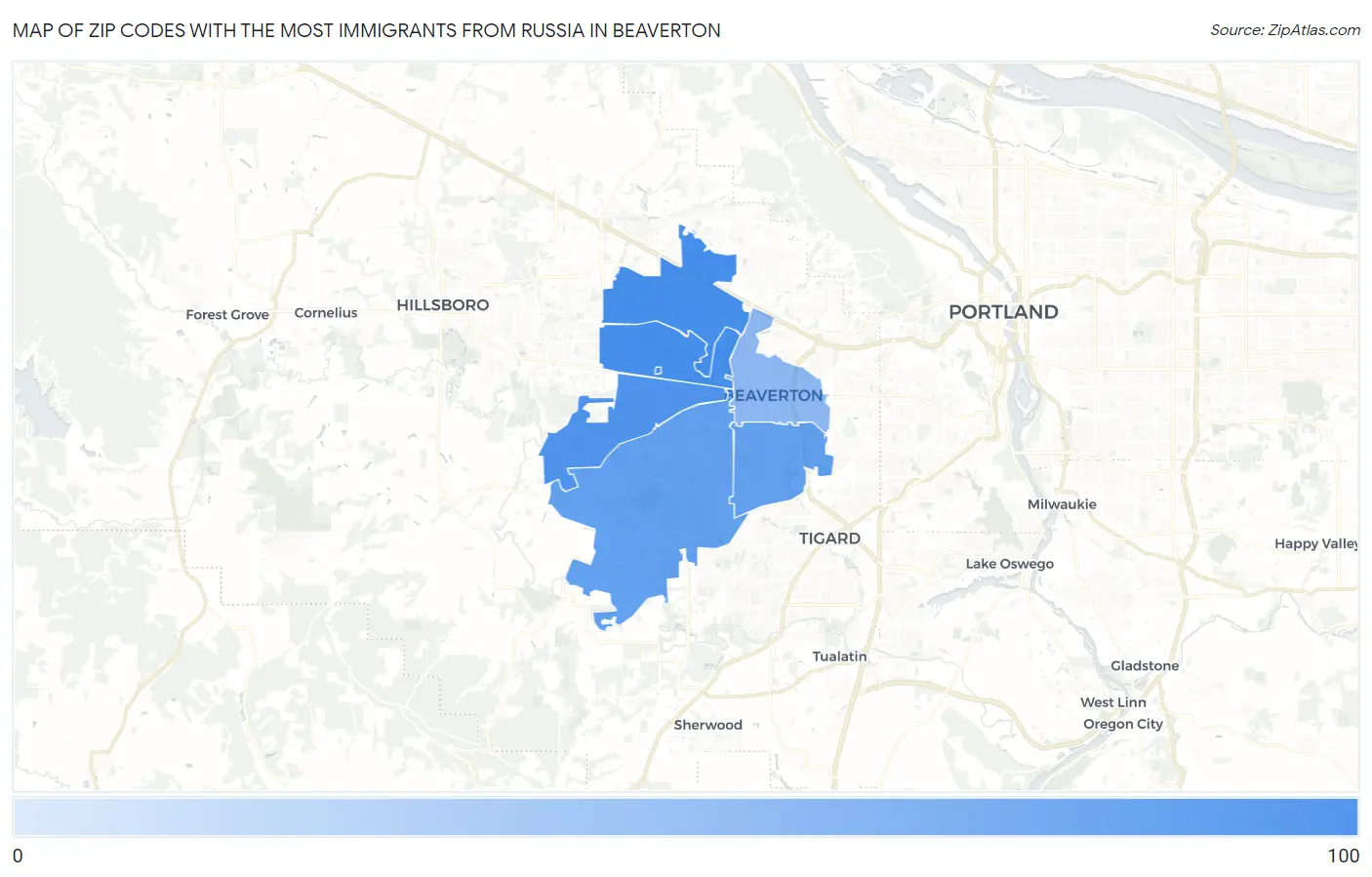 Zip Codes with the Most Immigrants from Russia in Beaverton Map
