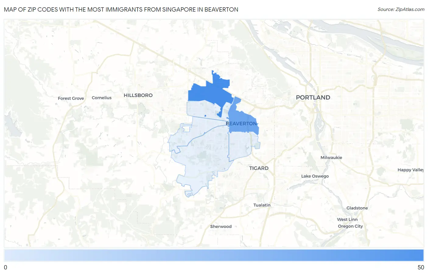Zip Codes with the Most Immigrants from Singapore in Beaverton Map