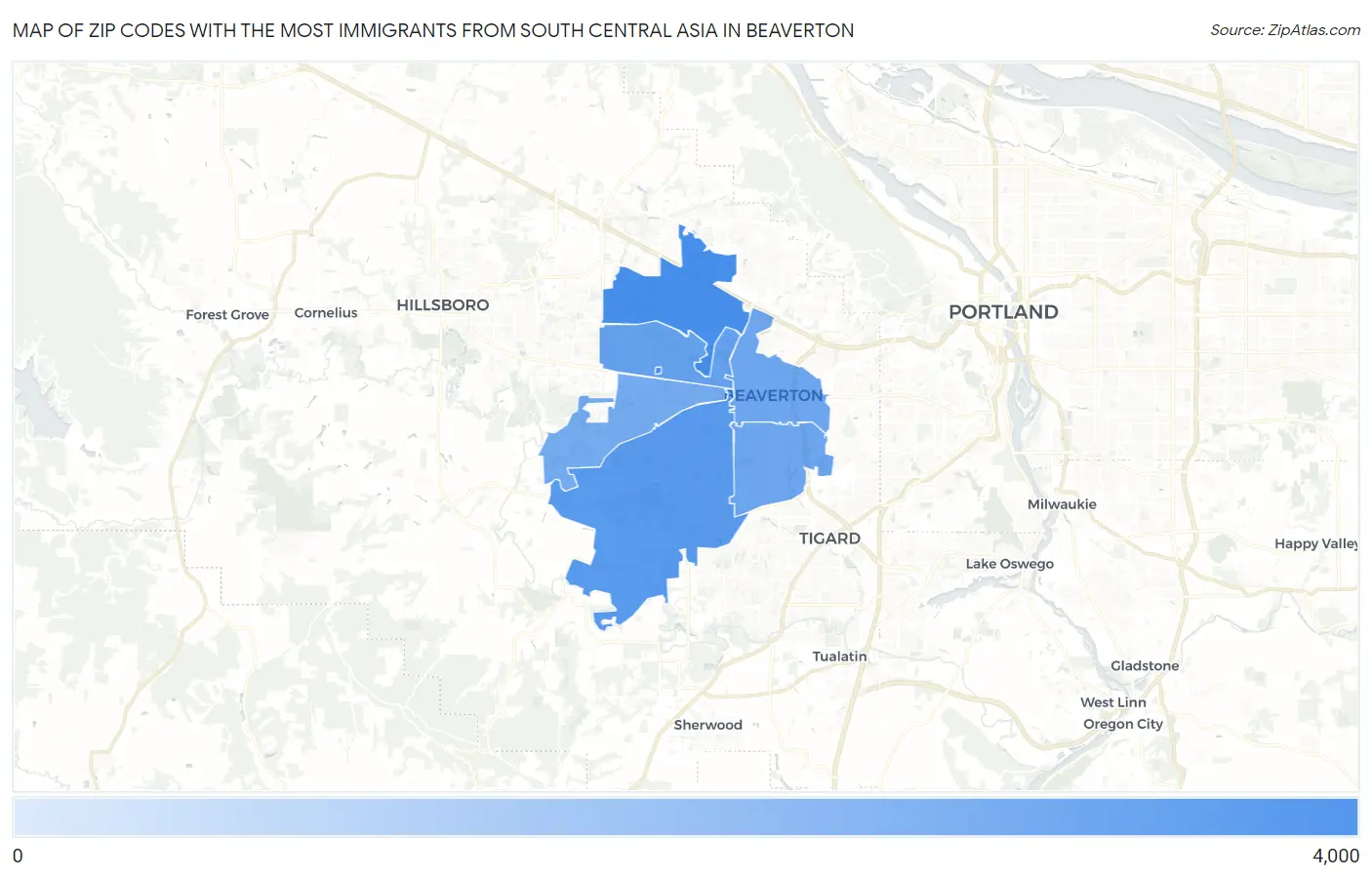 Zip Codes with the Most Immigrants from South Central Asia in Beaverton Map