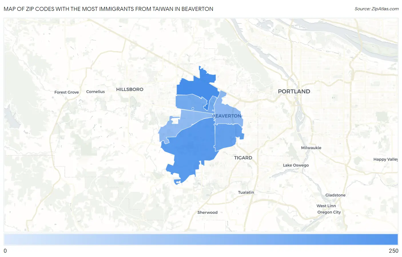 Zip Codes with the Most Immigrants from Taiwan in Beaverton Map