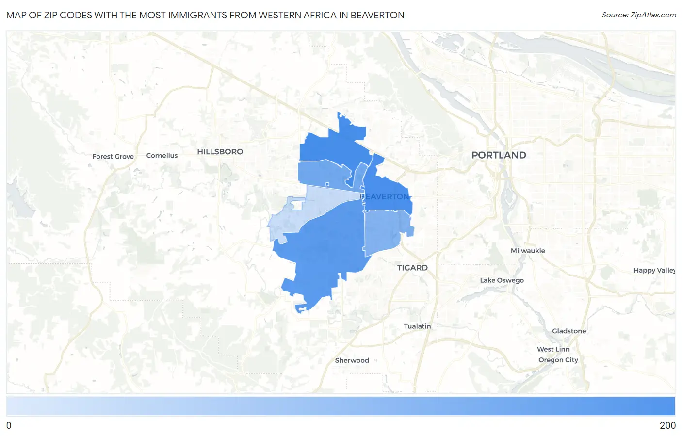 Zip Codes with the Most Immigrants from Western Africa in Beaverton Map