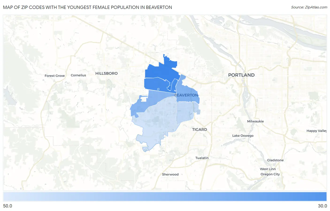 Zip Codes with the Youngest Female Population in Beaverton Map