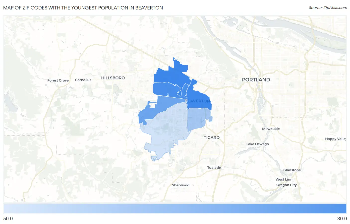 Zip Codes with the Youngest Population in Beaverton Map