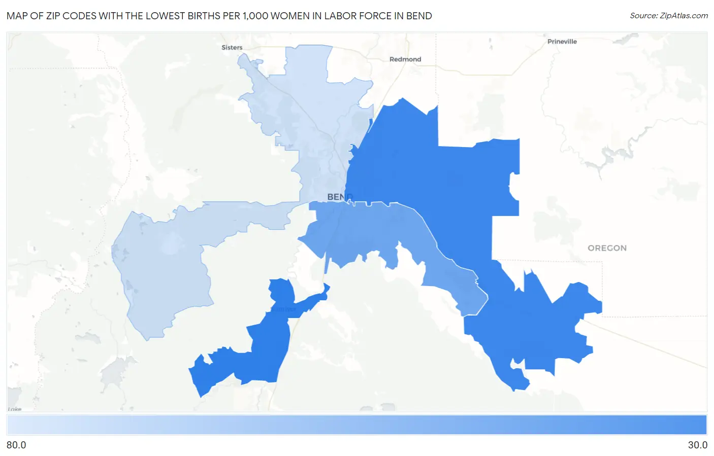 Zip Codes with the Lowest Births per 1,000 Women in Labor Force in Bend Map