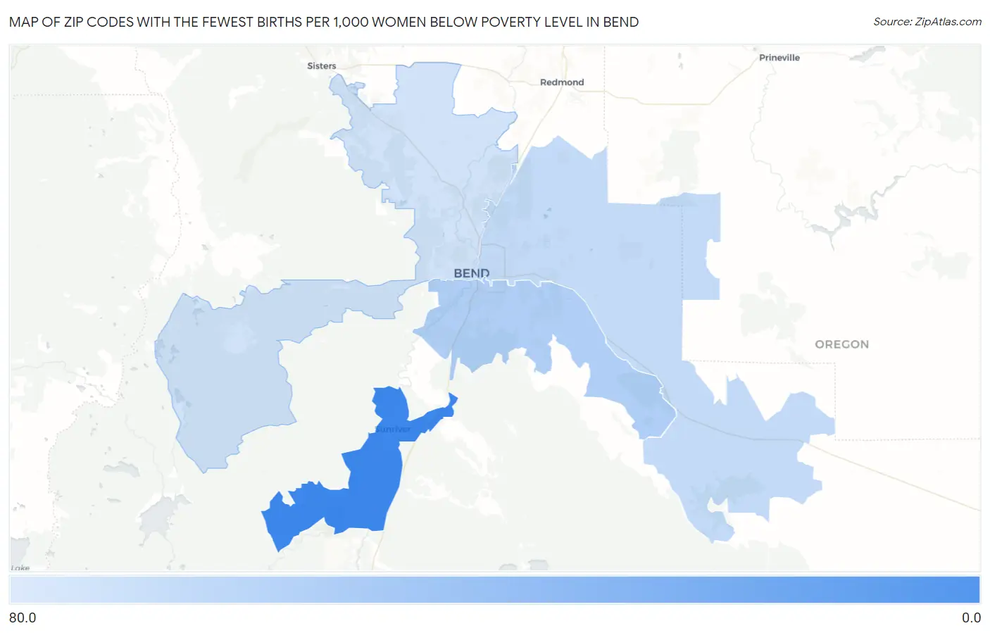 Zip Codes with the Fewest Births per 1,000 Women Below Poverty Level in Bend Map