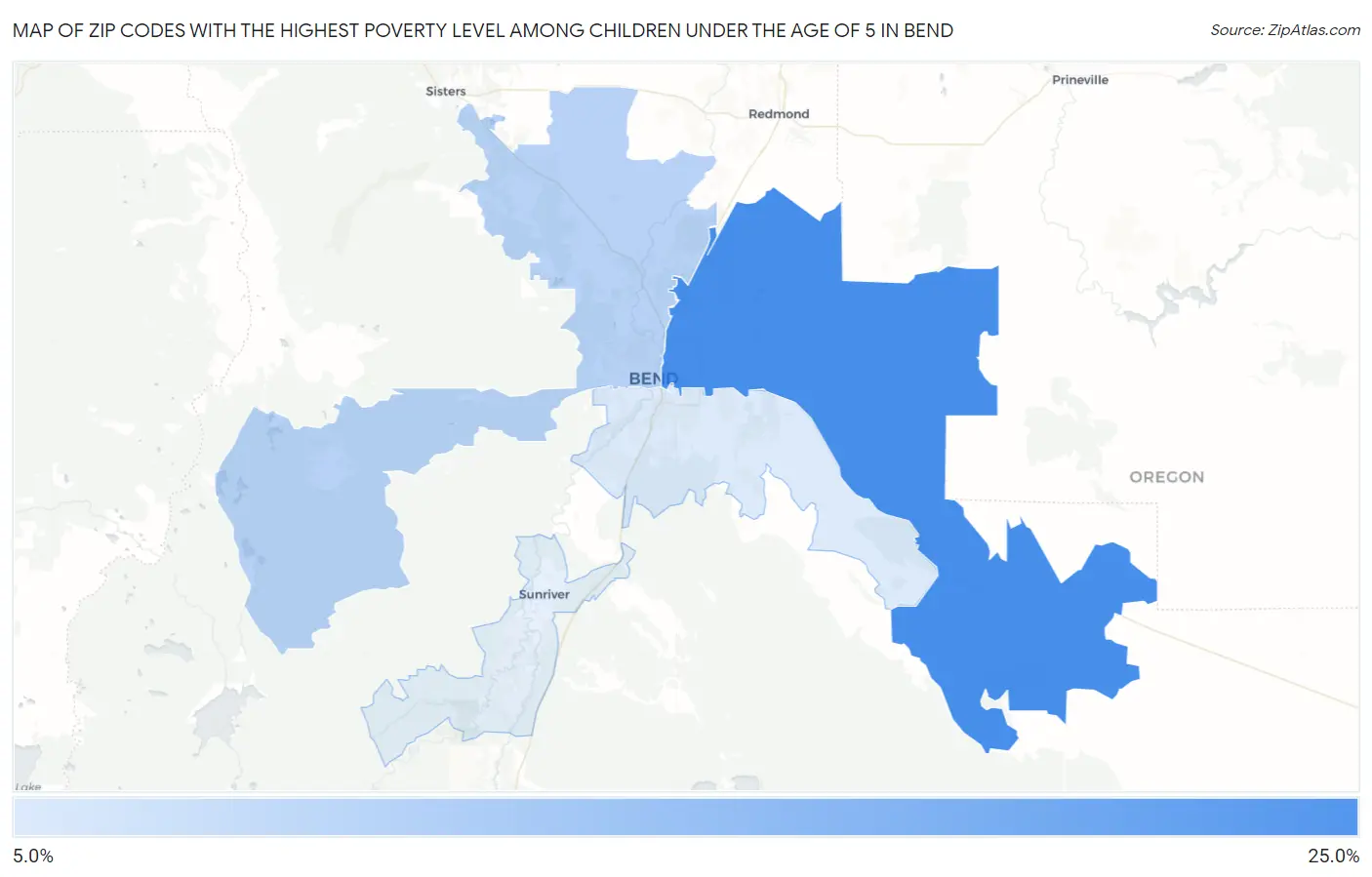 Zip Codes with the Highest Poverty Level Among Children Under the Age of 5 in Bend Map