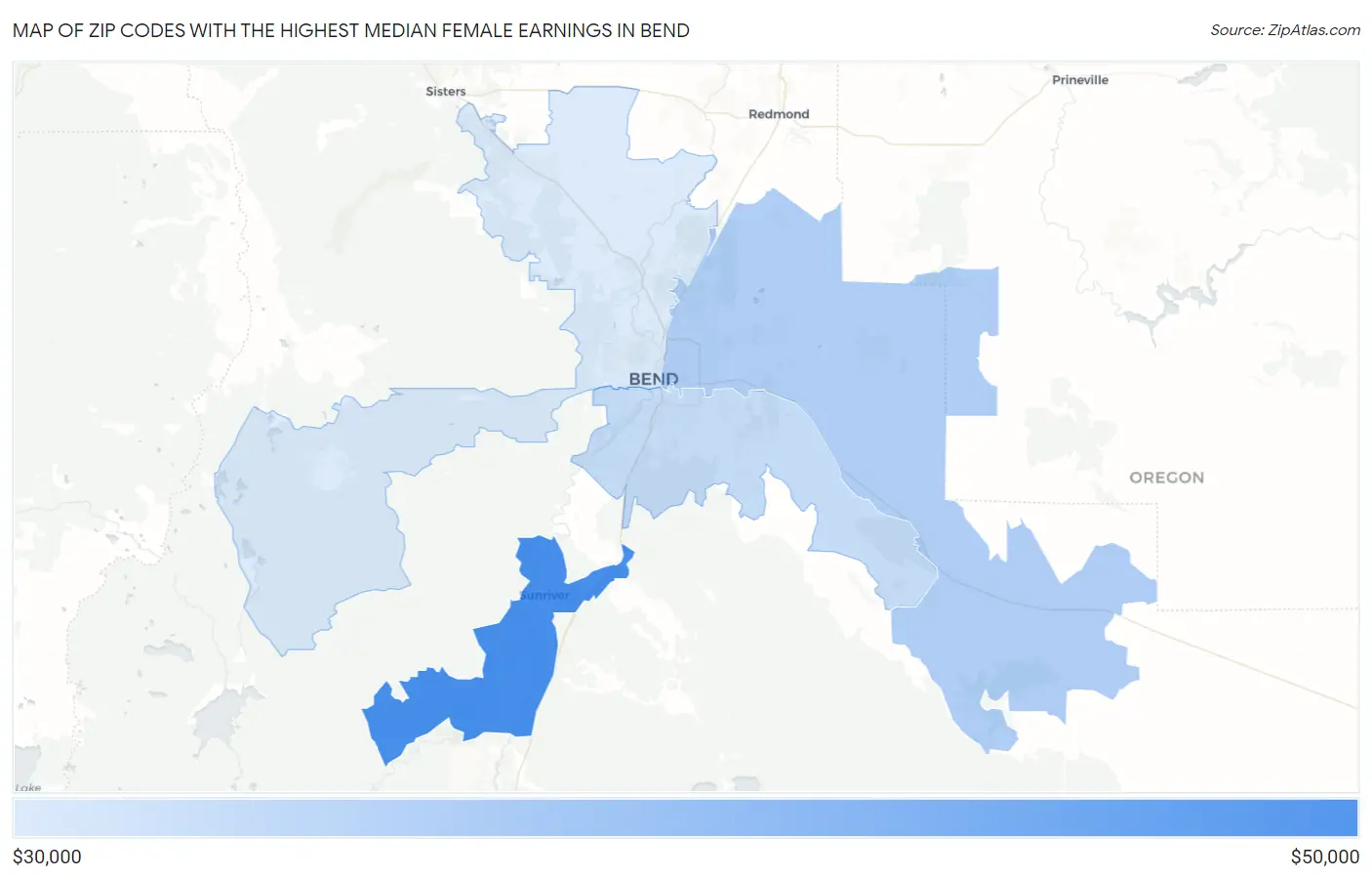 Zip Codes with the Highest Median Female Earnings in Bend Map