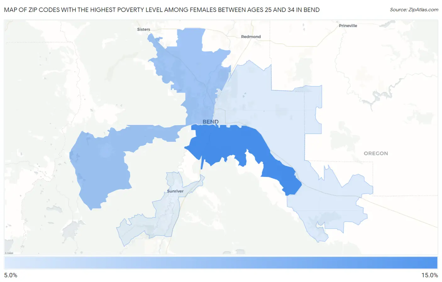 Zip Codes with the Highest Poverty Level Among Females Between Ages 25 and 34 in Bend Map