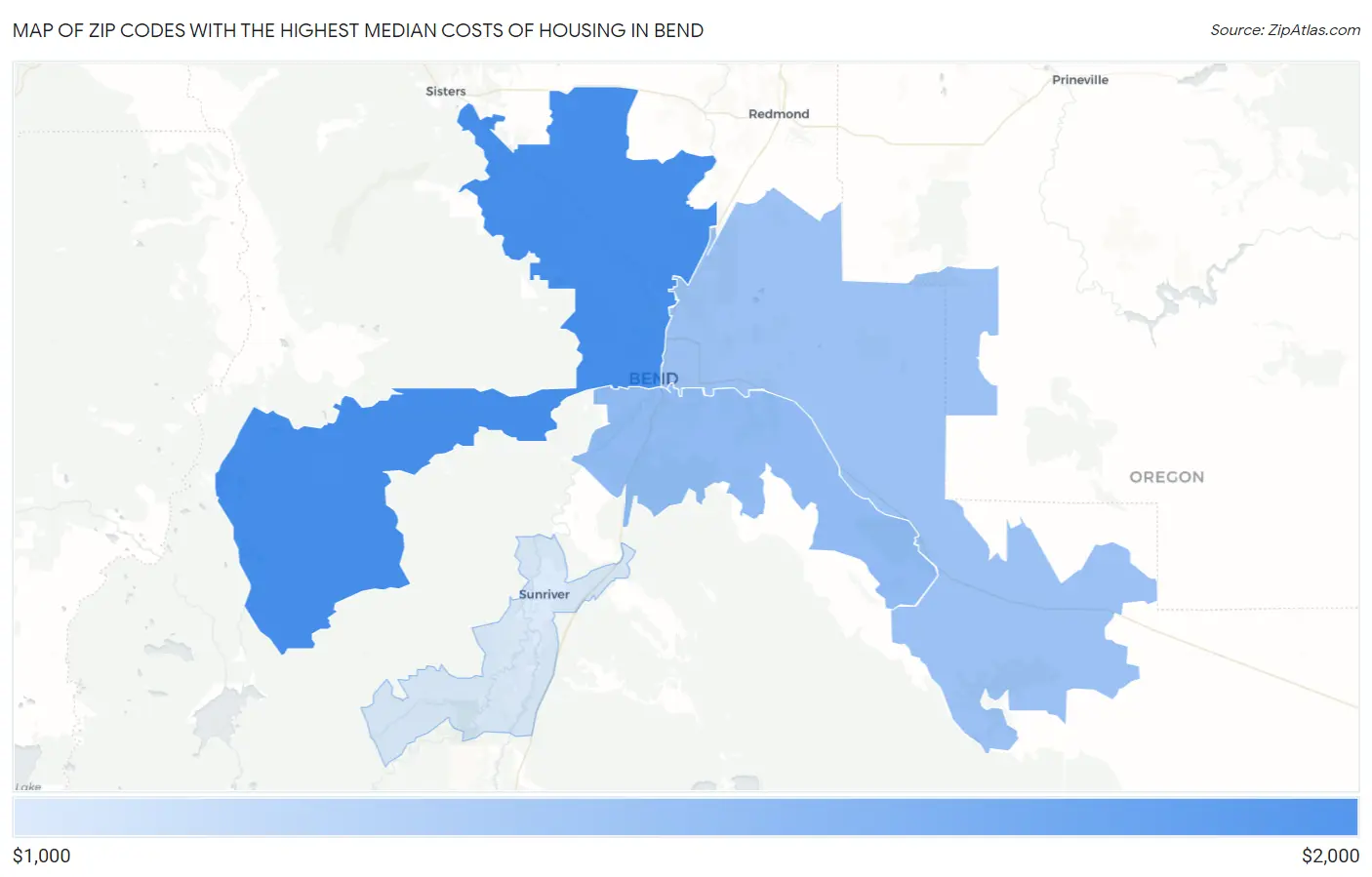 Zip Codes with the Highest Median Costs of Housing in Bend Map