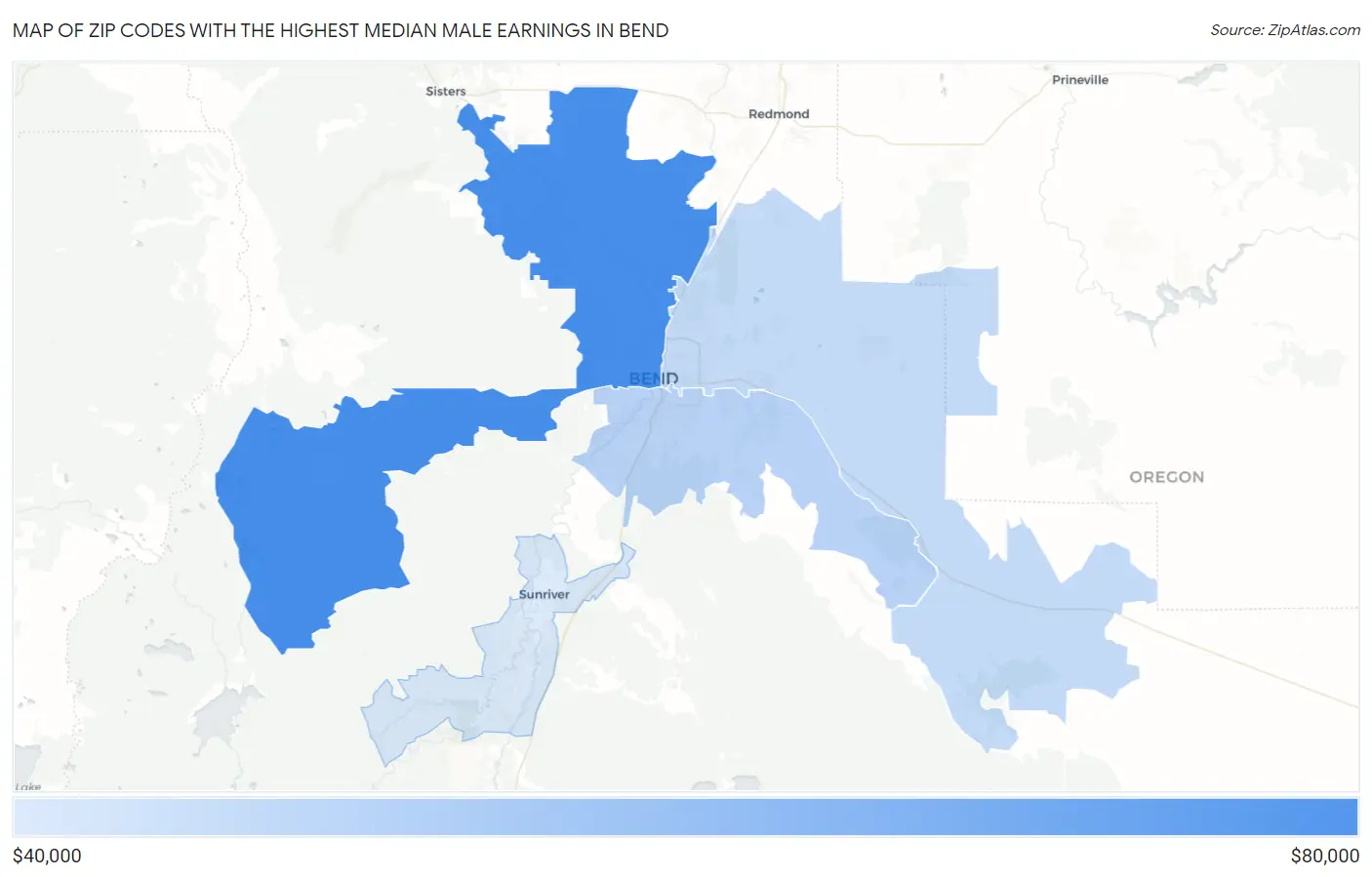 Zip Codes with the Highest Median Male Earnings in Bend Map