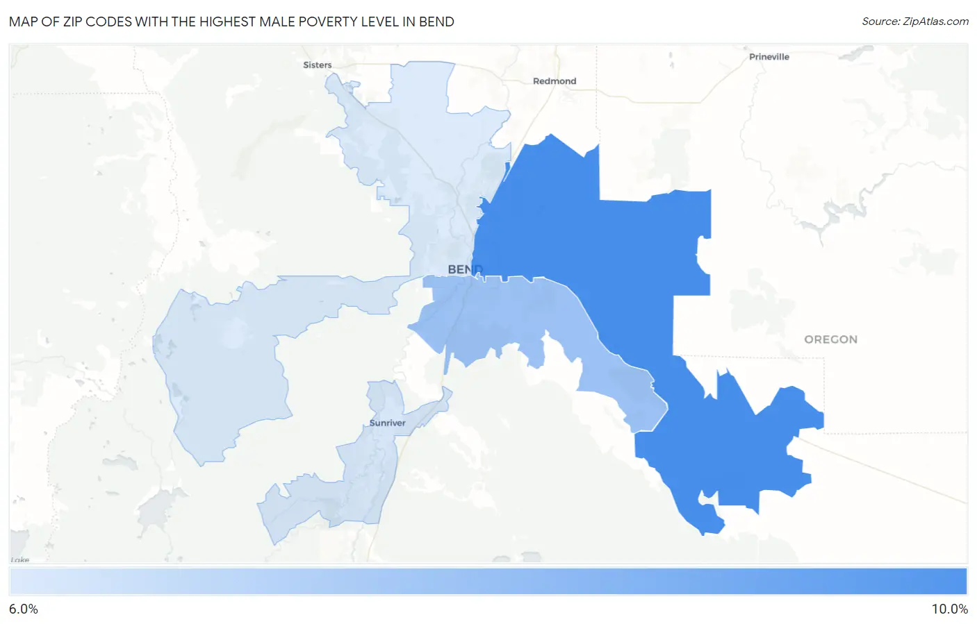Zip Codes with the Highest Male Poverty Level in Bend Map