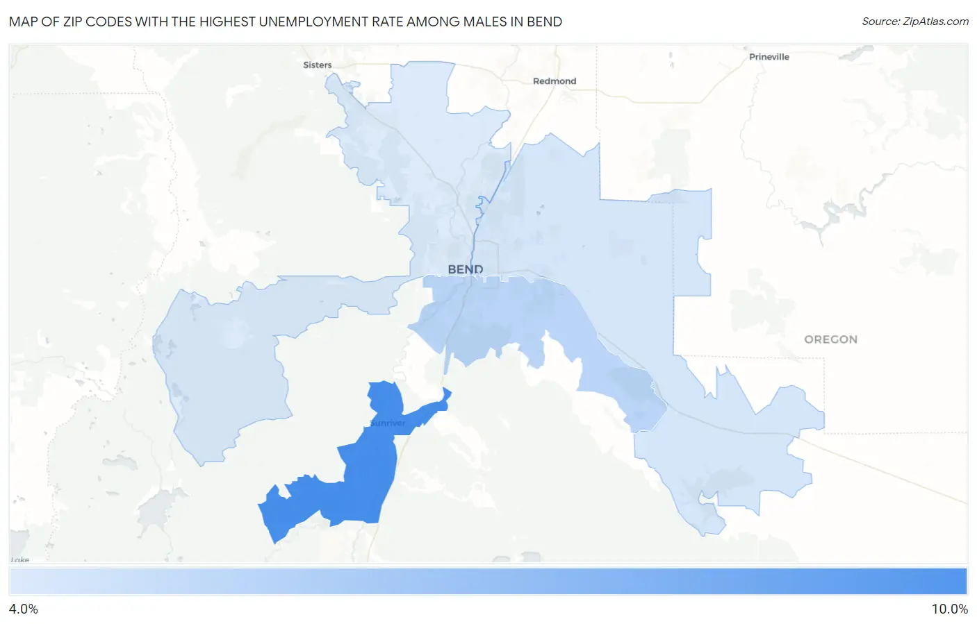 Zip Codes with the Highest Unemployment Rate Among Males in Bend Map