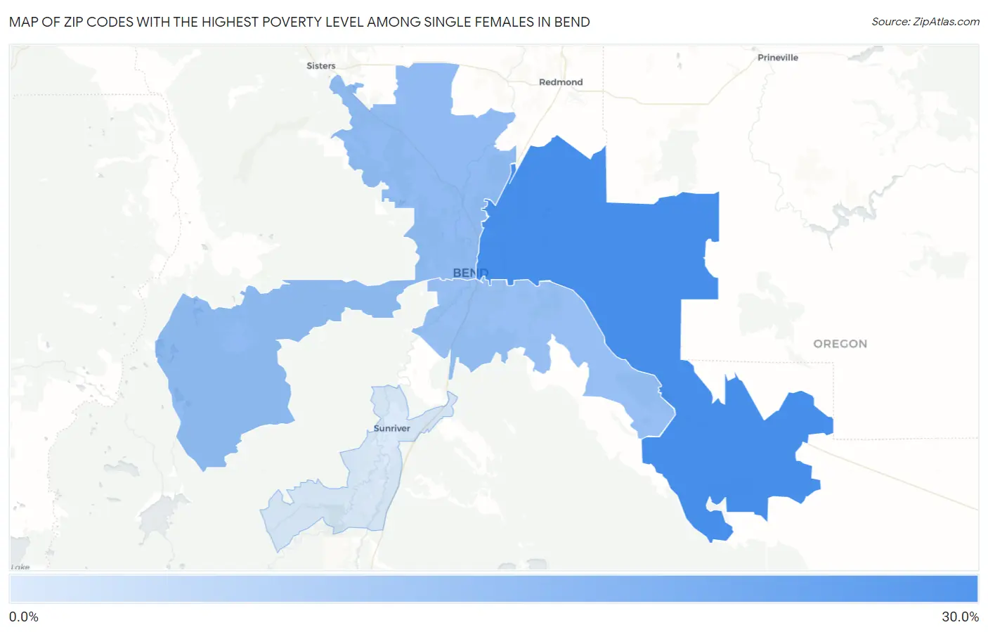 Zip Codes with the Highest Poverty Level Among Single Females in Bend Map