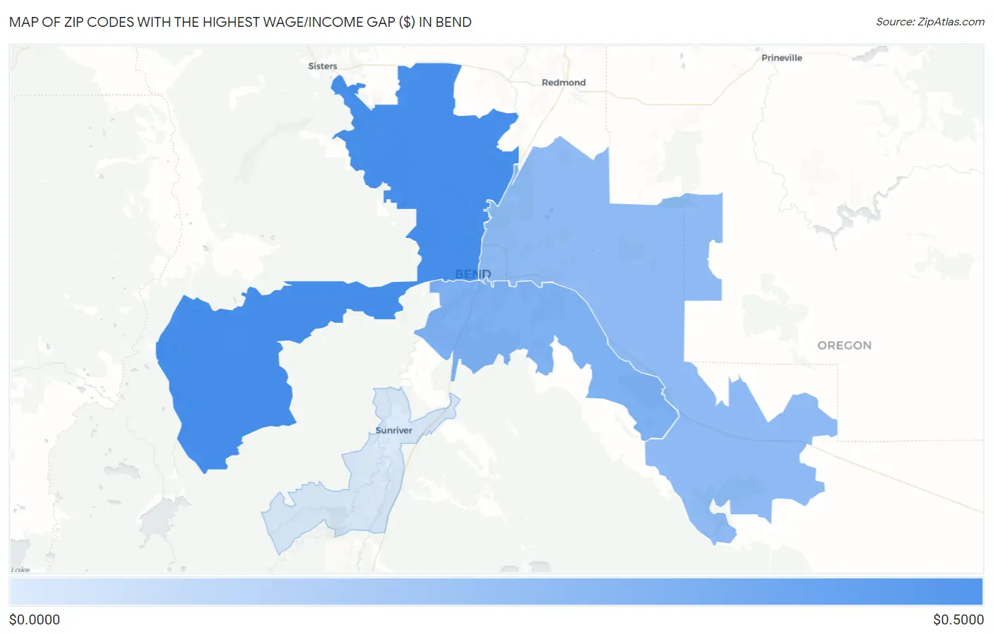 Zip Codes with the Highest Wage/Income Gap ($) in Bend Map
