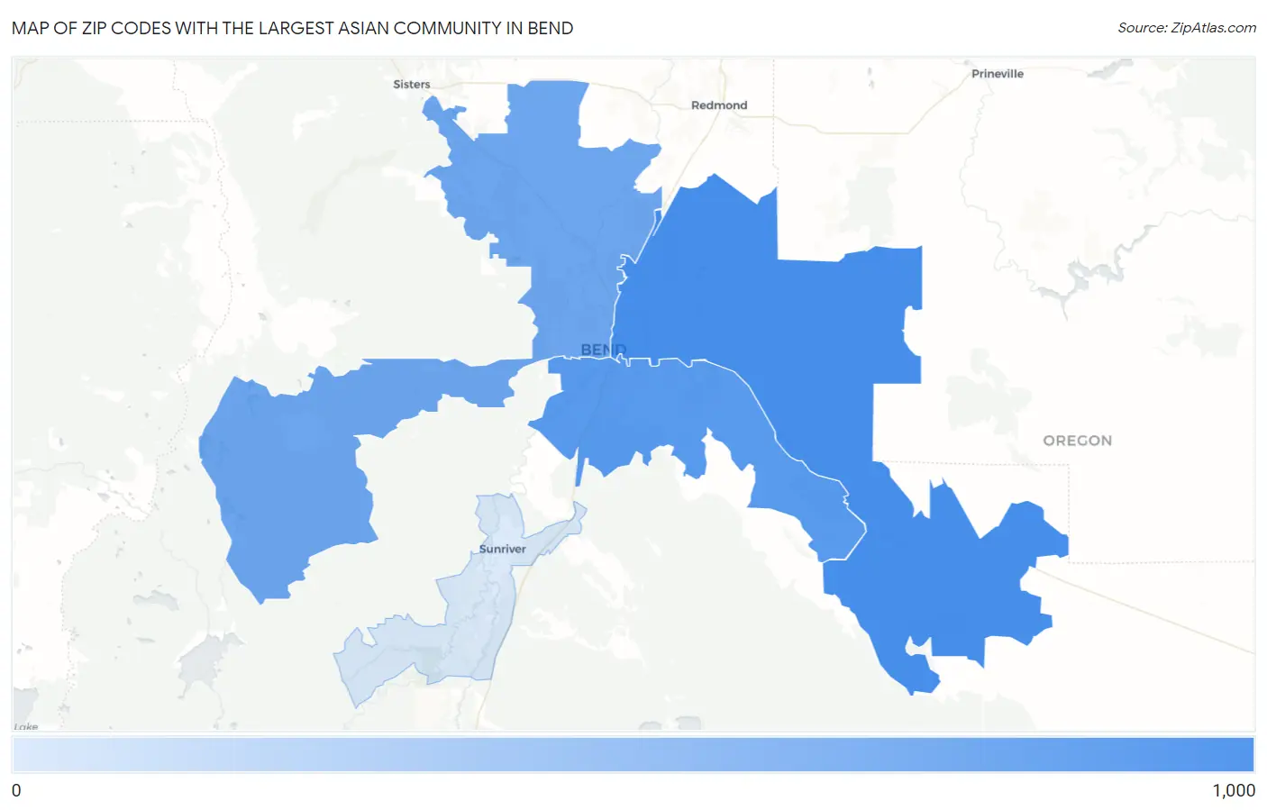 Zip Codes with the Largest Asian Community in Bend Map