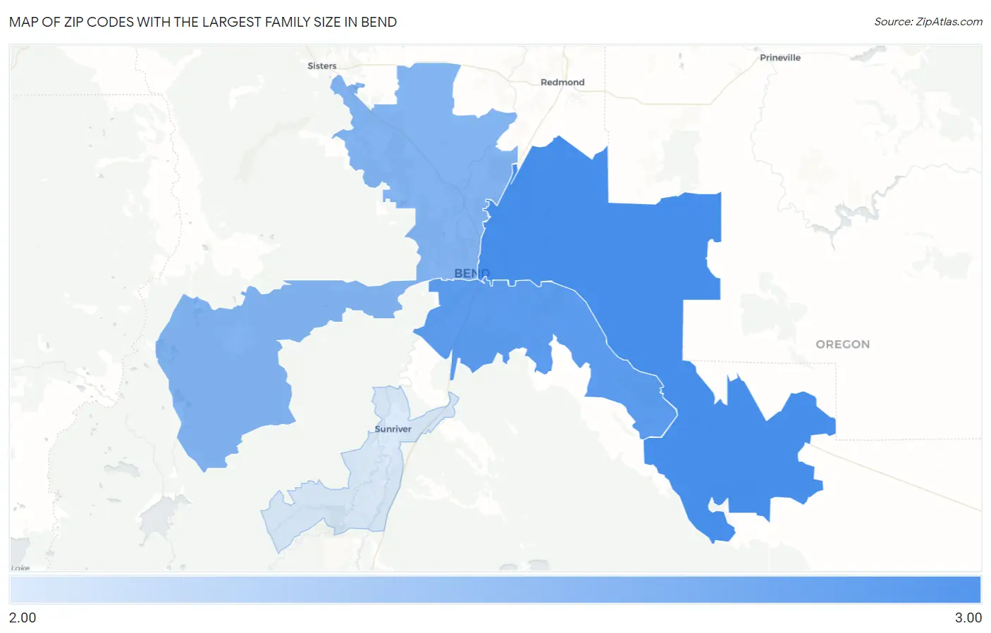 Zip Codes with the Largest Family Size in Bend Map