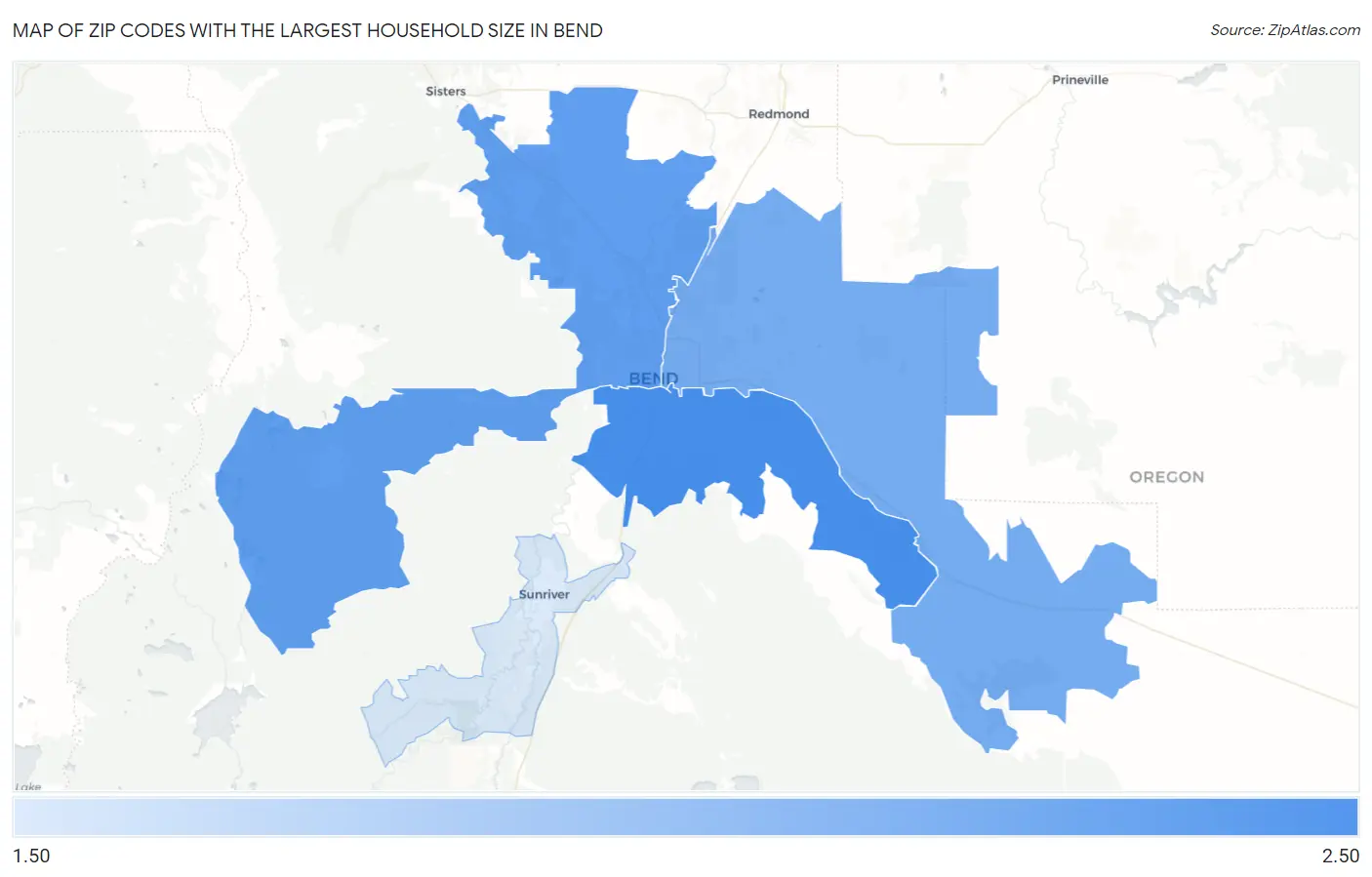 Zip Codes with the Largest Household Size in Bend Map