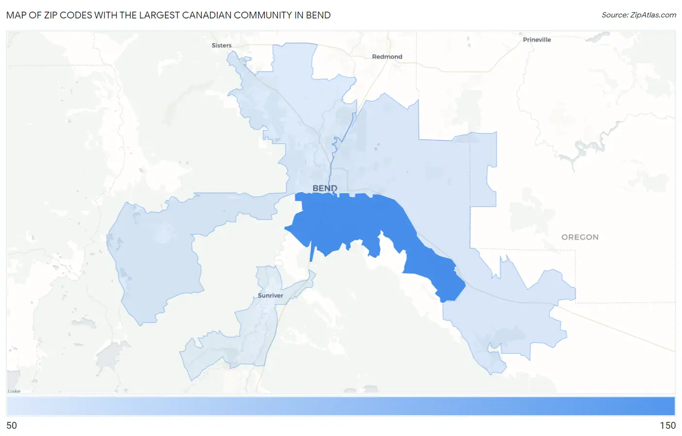 Zip Codes with the Largest Canadian Community in Bend Map
