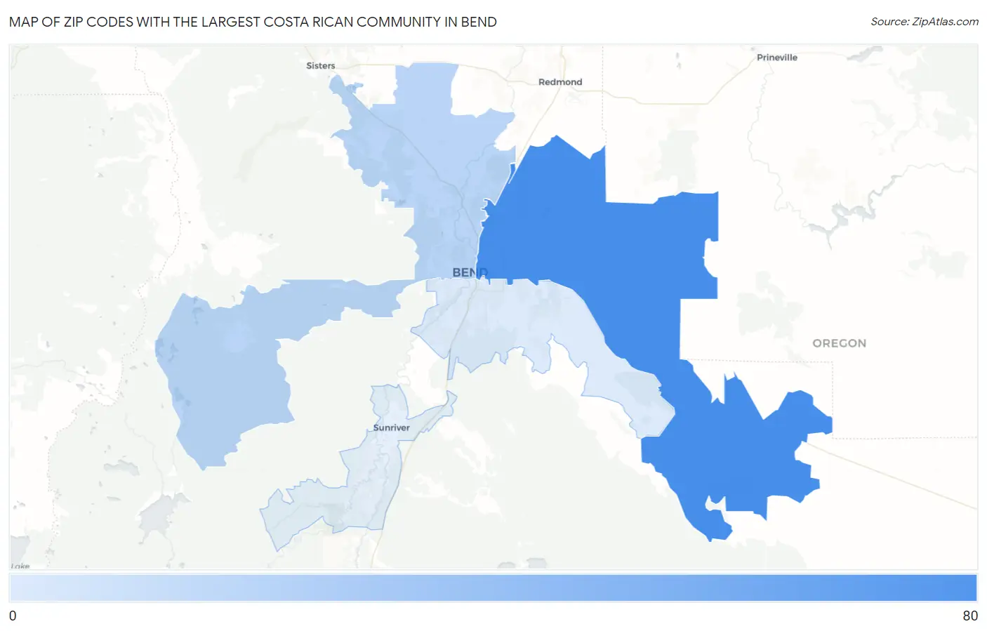 Zip Codes with the Largest Costa Rican Community in Bend Map