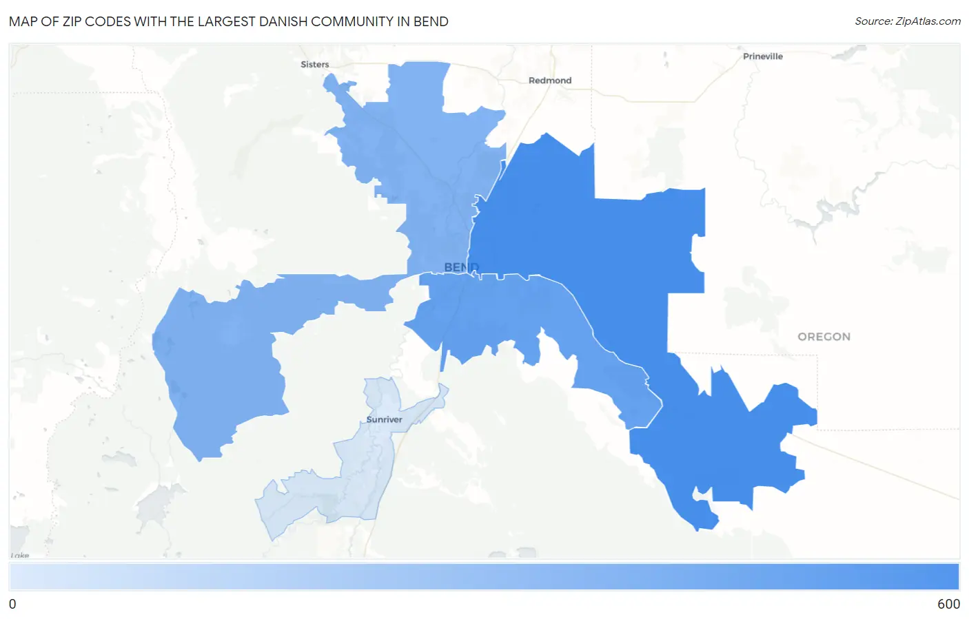 Zip Codes with the Largest Danish Community in Bend Map