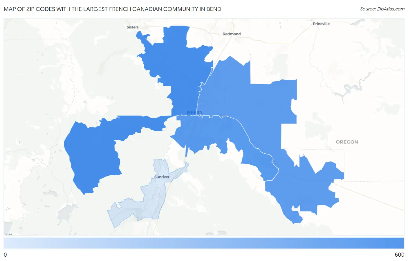 Zip Codes with the Largest French Canadian Community in Bend Map