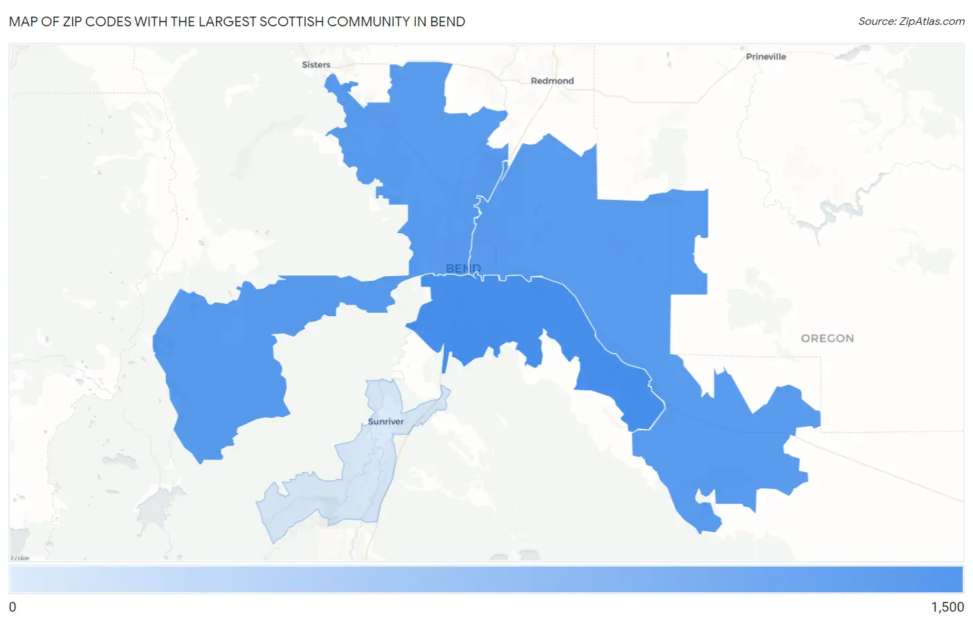 Zip Codes with the Largest Scottish Community in Bend Map