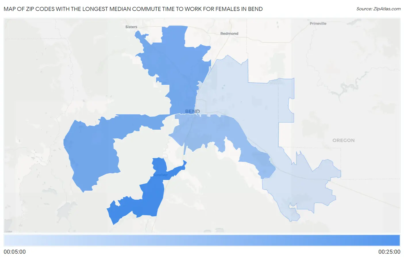 Zip Codes with the Longest Median Commute Time to Work for Females in Bend Map