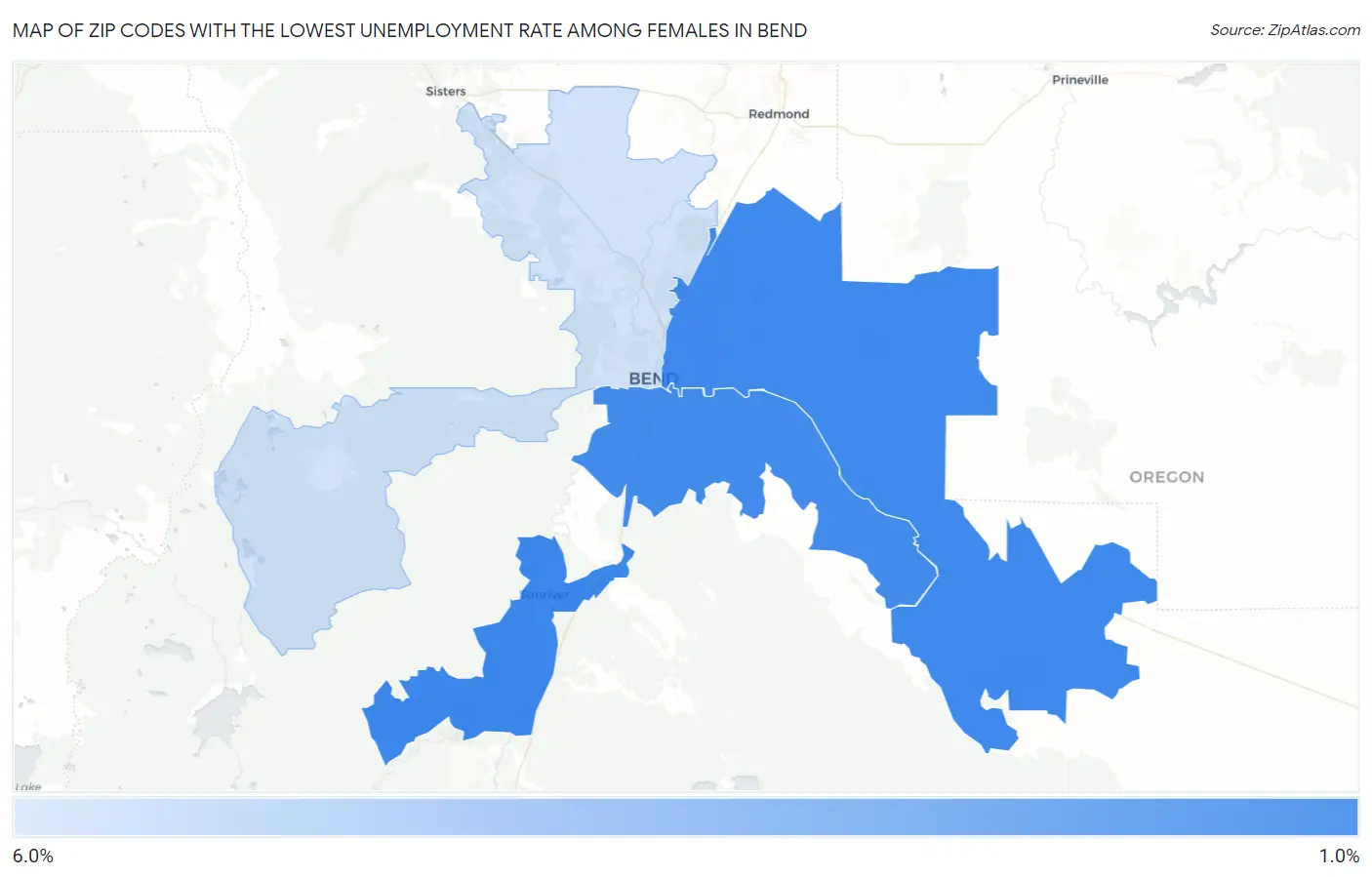 Zip Codes with the Lowest Unemployment Rate Among Females in Bend Map
