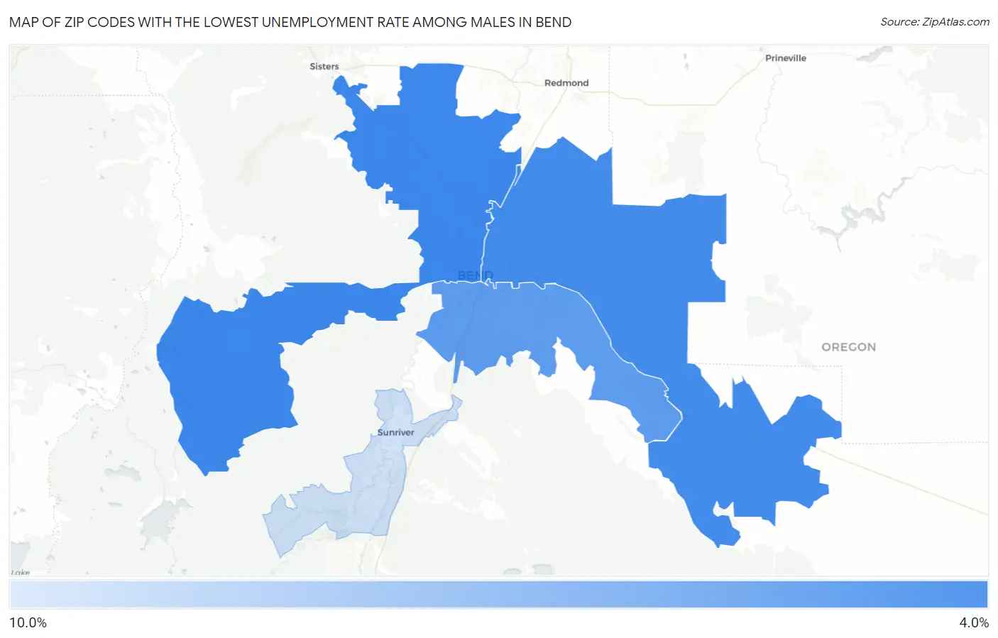 Zip Codes with the Lowest Unemployment Rate Among Males in Bend Map