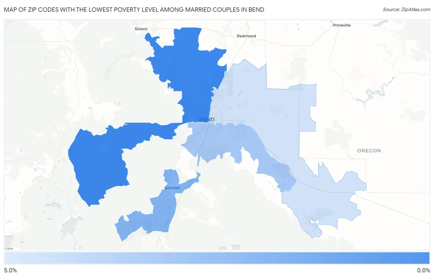 Zip Codes with the Lowest Poverty Level Among Married Couples in Bend Map