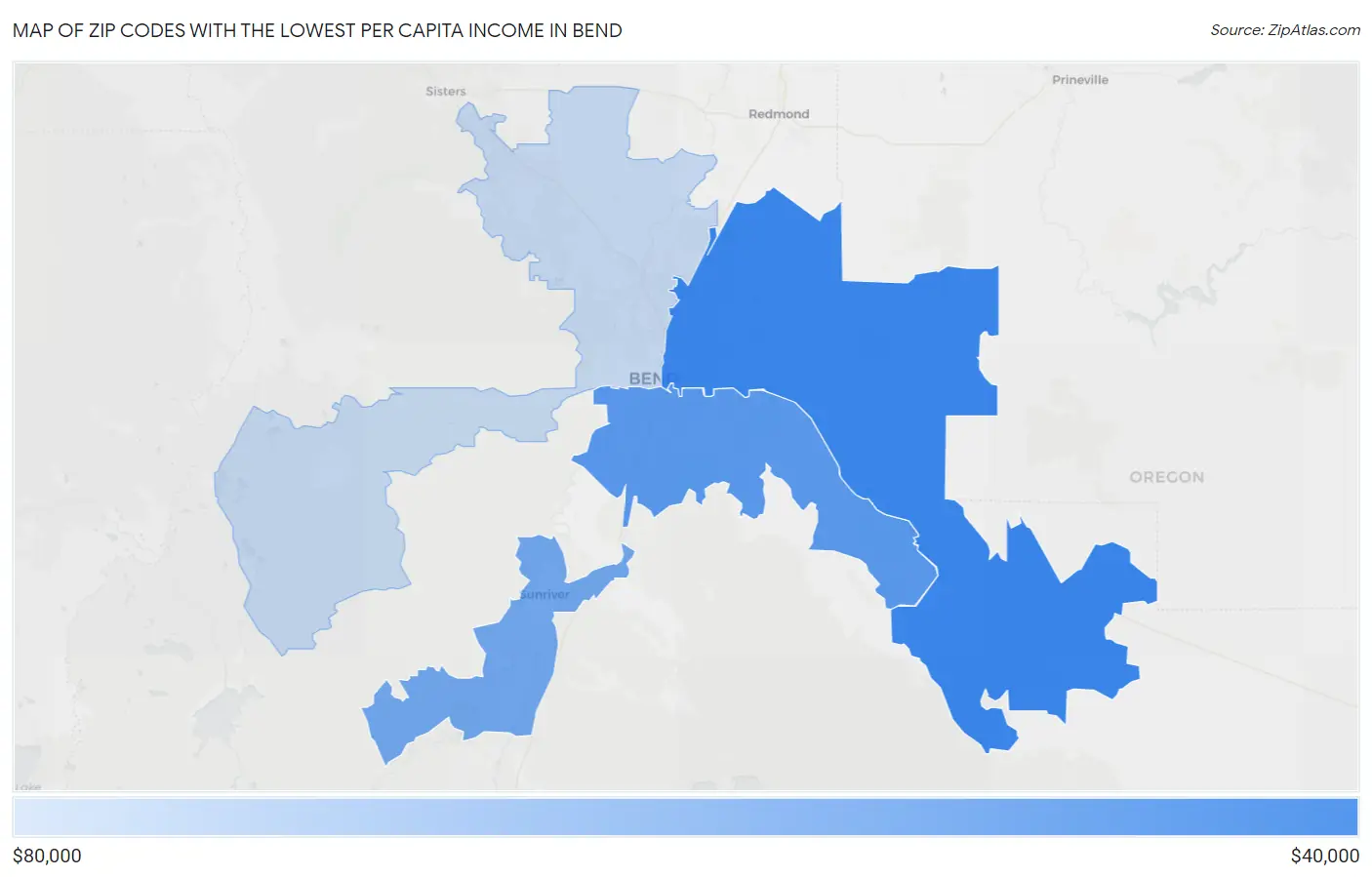 Zip Codes with the Lowest Per Capita Income in Bend Map
