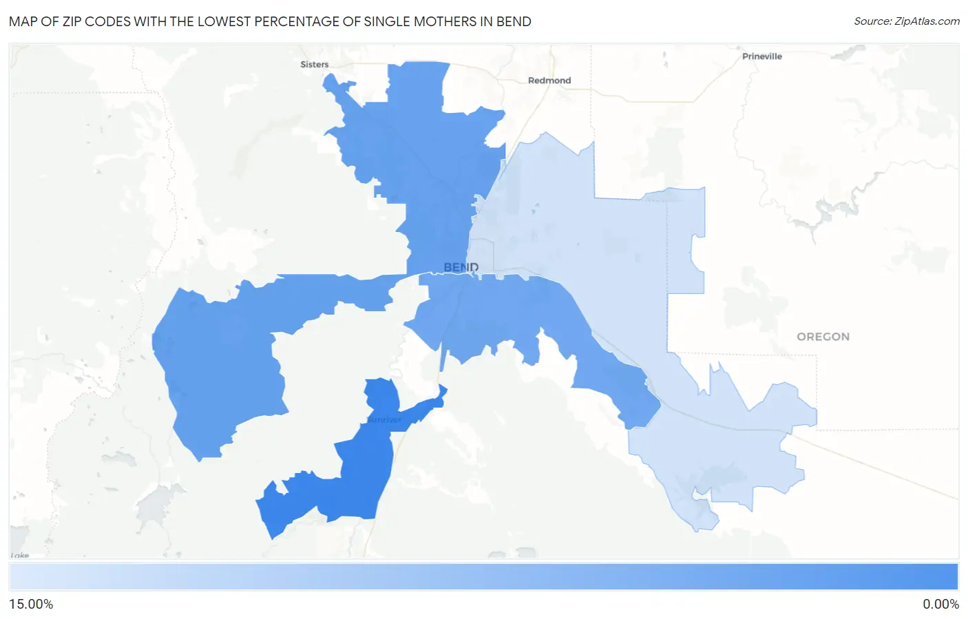Zip Codes with the Lowest Percentage of Single Mothers in Bend Map
