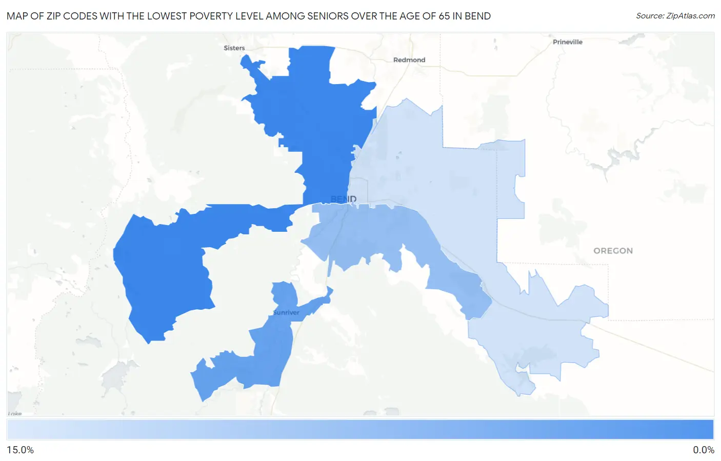 Zip Codes with the Lowest Poverty Level Among Seniors Over the Age of 65 in Bend Map