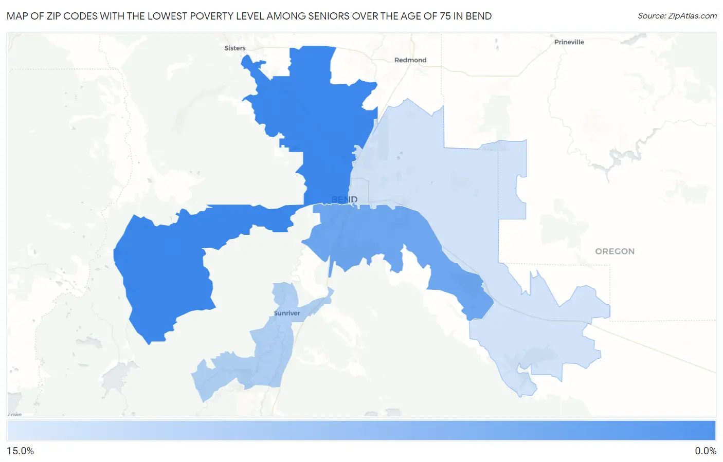 Zip Codes with the Lowest Poverty Level Among Seniors Over the Age of 75 in Bend Map