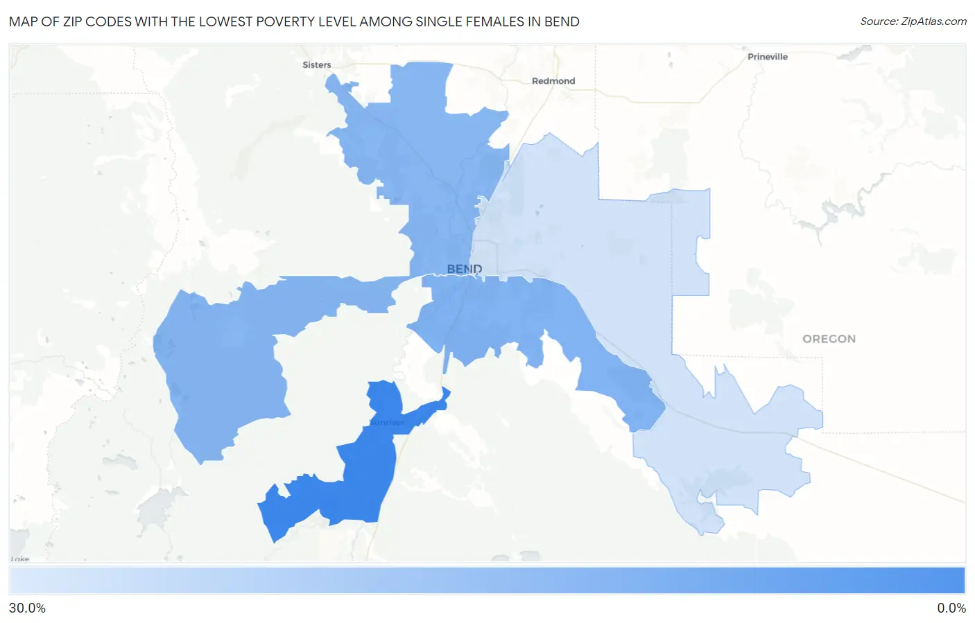 Zip Codes with the Lowest Poverty Level Among Single Females in Bend Map