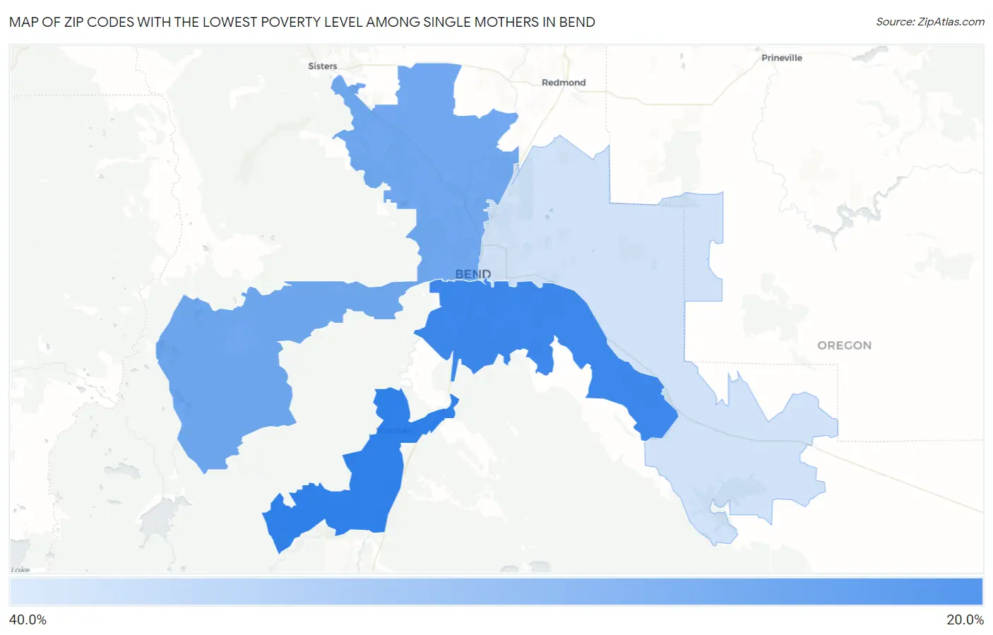 Zip Codes with the Lowest Poverty Level Among Single Mothers in Bend Map