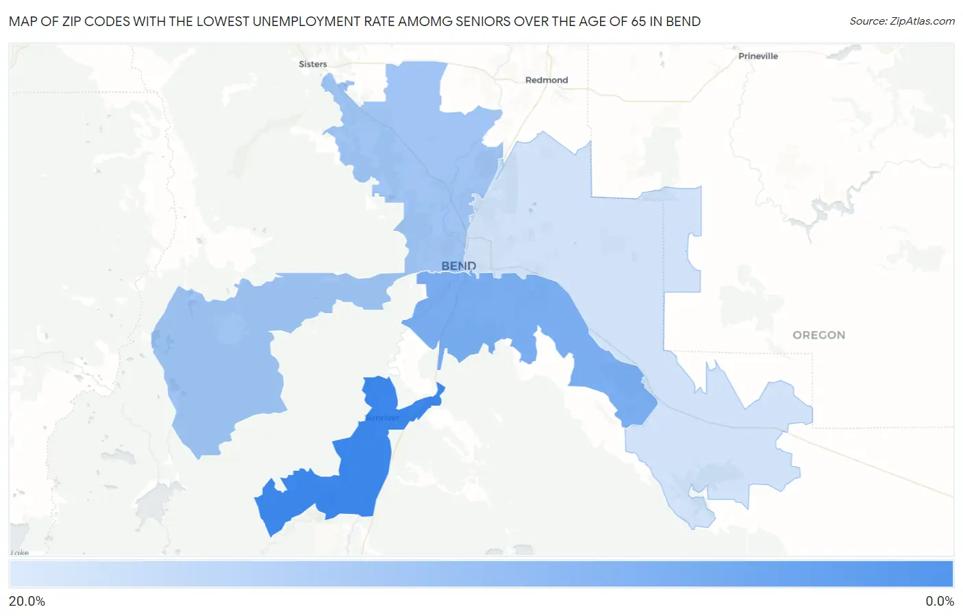 Zip Codes with the Lowest Unemployment Rate Amomg Seniors Over the Age of 65 in Bend Map