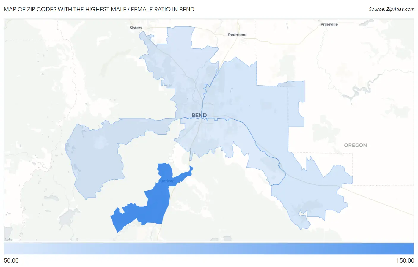 Zip Codes with the Highest Male / Female Ratio in Bend Map