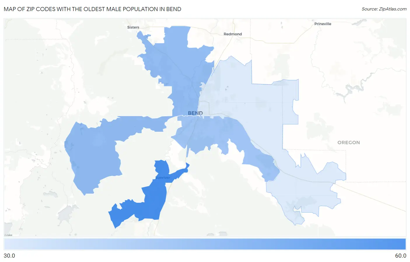 Zip Codes with the Oldest Male Population in Bend Map