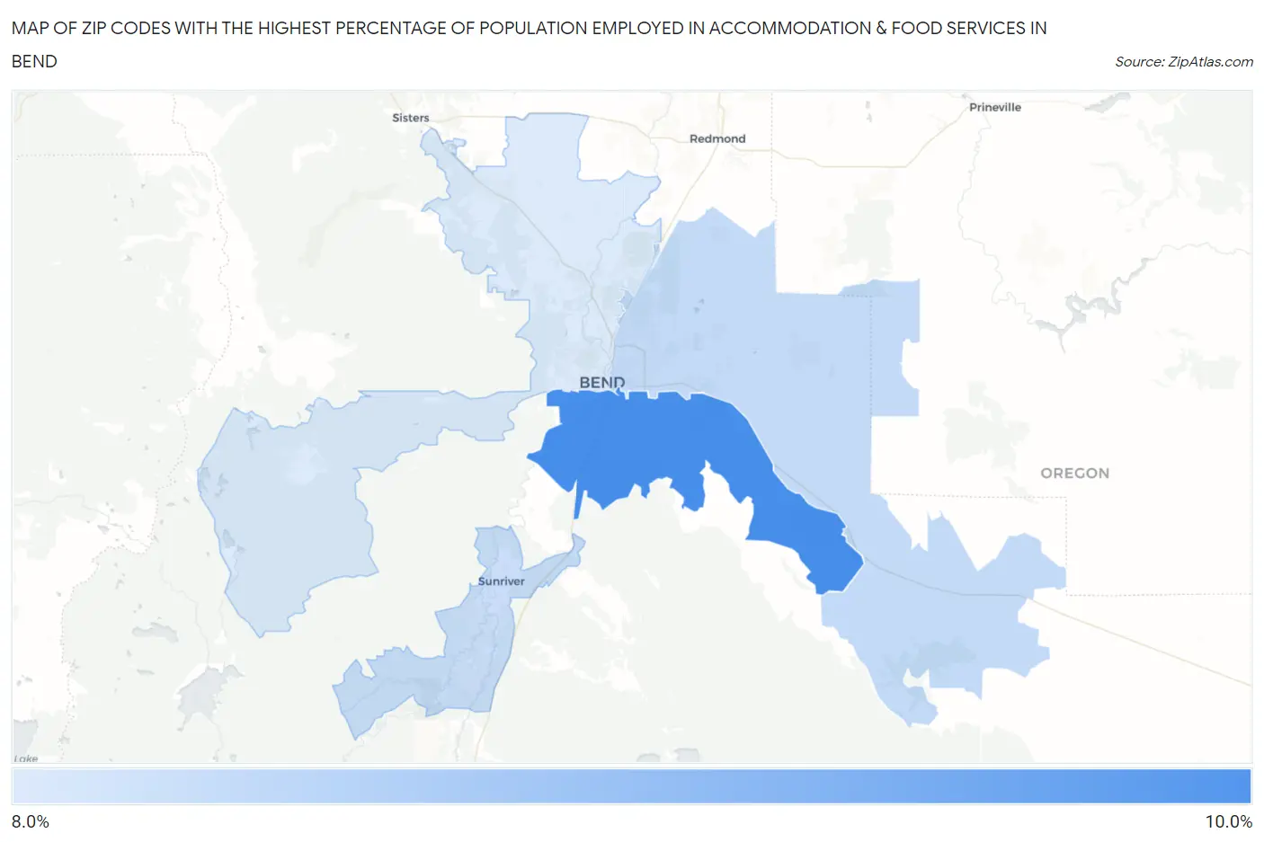 Zip Codes with the Highest Percentage of Population Employed in Accommodation & Food Services in Bend Map