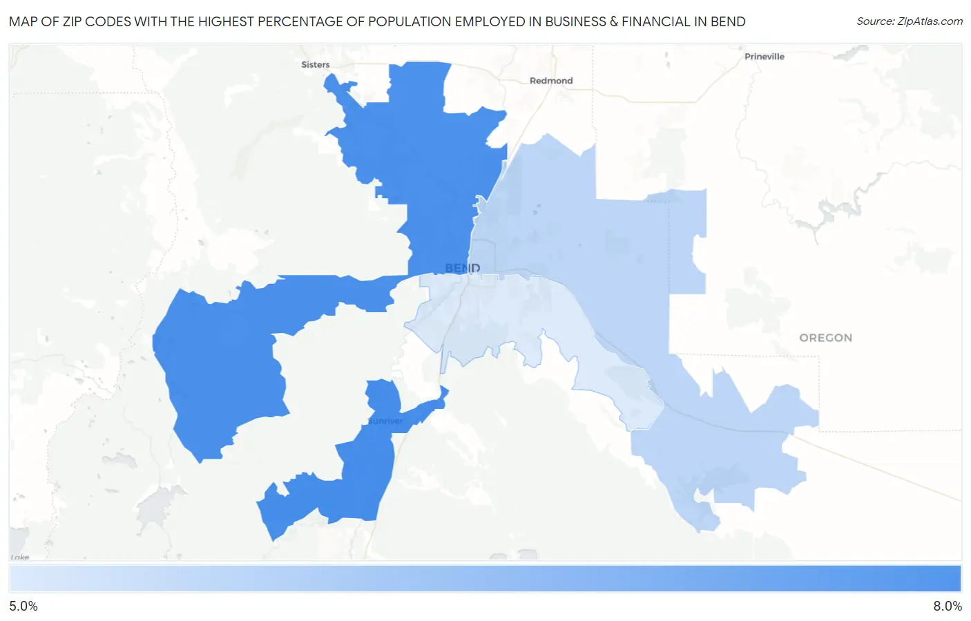 Zip Codes with the Highest Percentage of Population Employed in Business & Financial in Bend Map