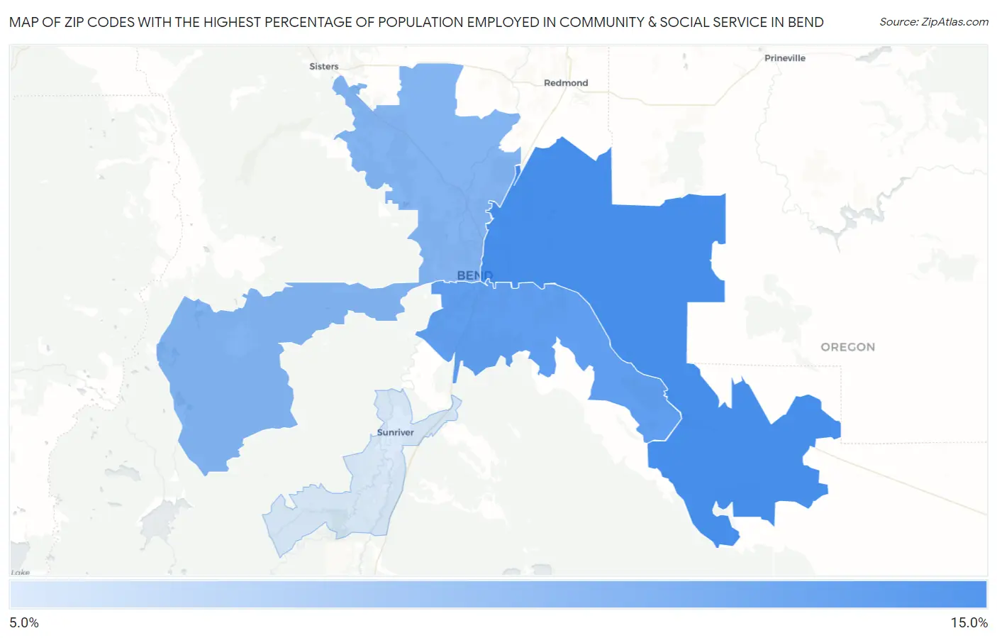 Zip Codes with the Highest Percentage of Population Employed in Community & Social Service  in Bend Map