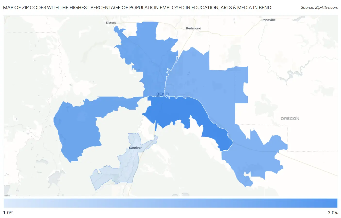 Zip Codes with the Highest Percentage of Population Employed in Education, Arts & Media in Bend Map