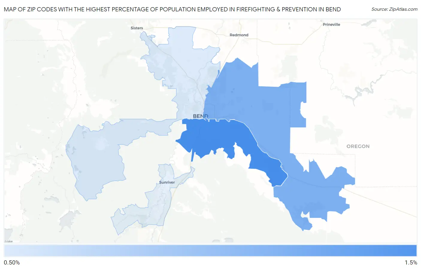 Zip Codes with the Highest Percentage of Population Employed in Firefighting & Prevention in Bend Map