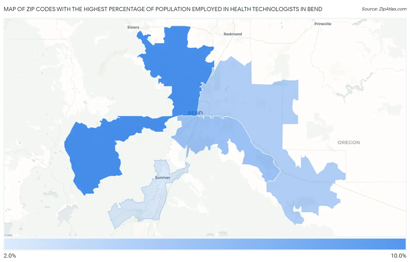 Zip Codes with the Highest Percentage of Population Employed in Health Technologists in Bend Map