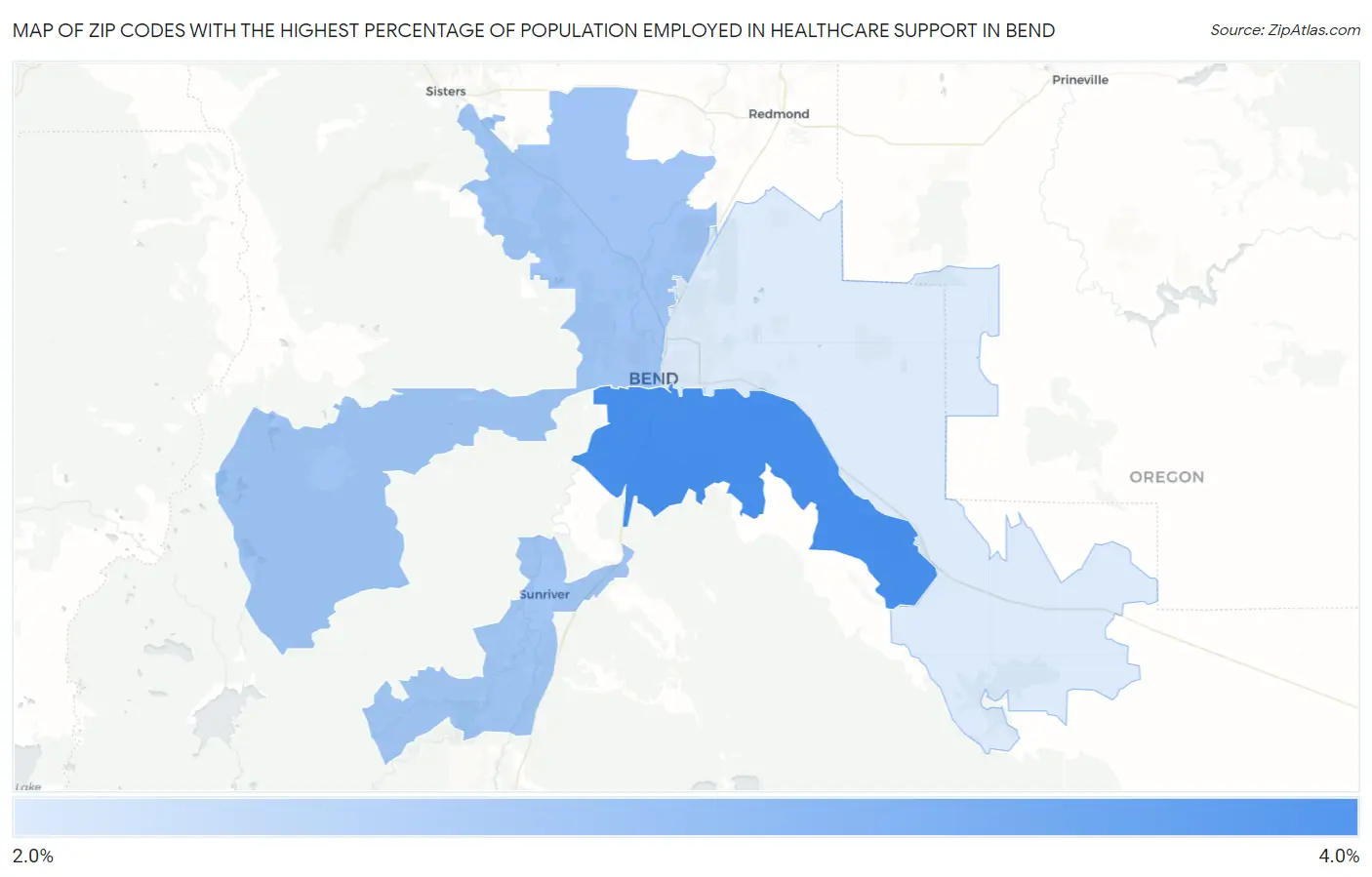 Zip Codes with the Highest Percentage of Population Employed in Healthcare Support in Bend Map
