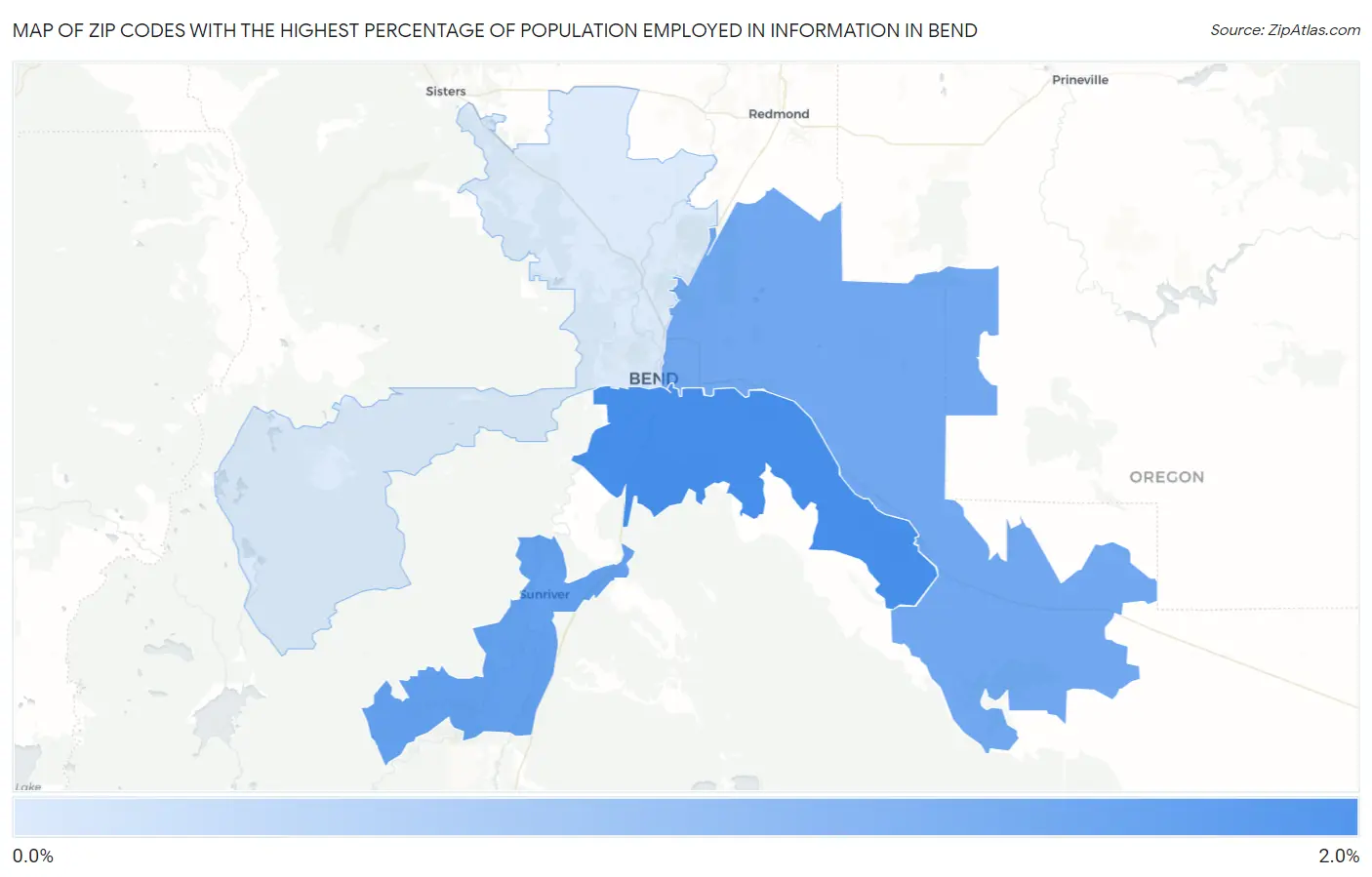 Zip Codes with the Highest Percentage of Population Employed in Information in Bend Map