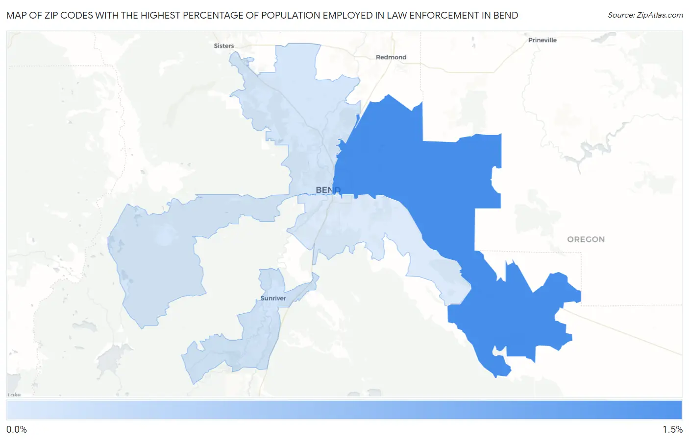 Zip Codes with the Highest Percentage of Population Employed in Law Enforcement in Bend Map
