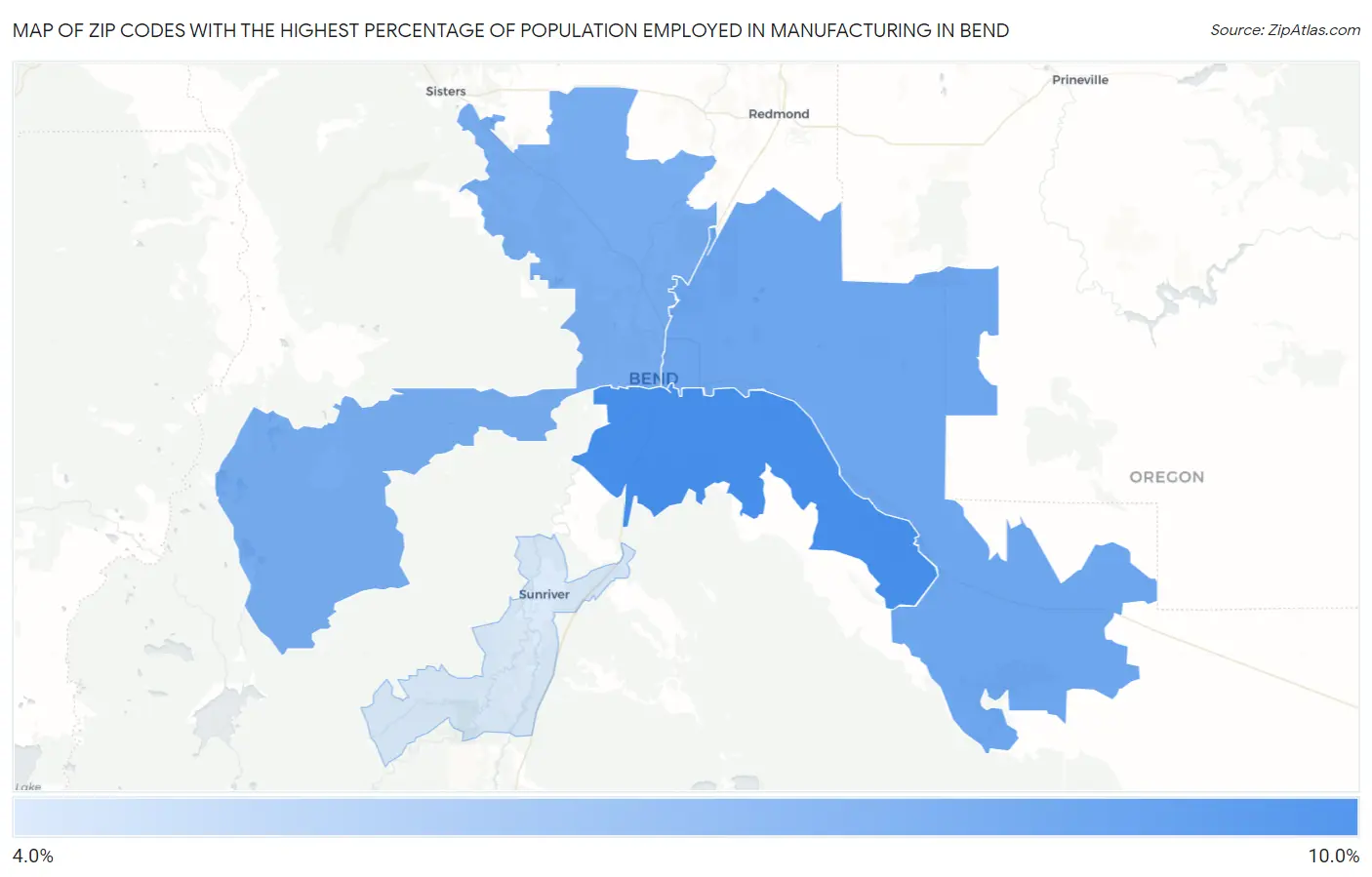 Zip Codes with the Highest Percentage of Population Employed in Manufacturing in Bend Map