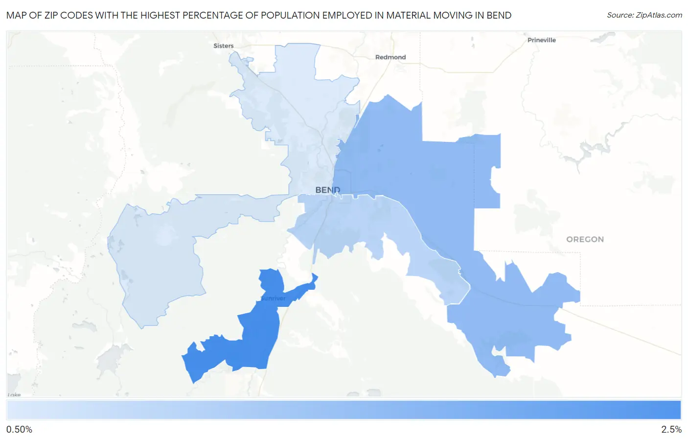 Zip Codes with the Highest Percentage of Population Employed in Material Moving in Bend Map